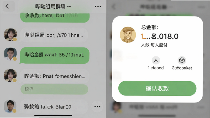 哔哒组局群聊界面与AA收款功能截图,左侧显示聊天消息气泡,右侧弹出收款浮层,显示总金额、人数、每人应付,底部有“确认收款”按钮,界面采用圆角设计,色彩温和,画质细腻
