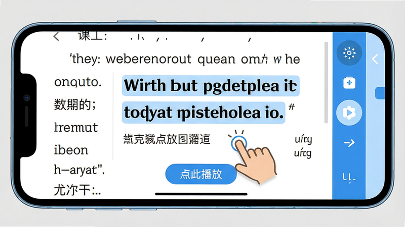 主体:手机屏幕显示课文点读界面,一段英文句子被高亮,下方出现中文翻译和音标。布局:手机横屏展示,左侧课文,右侧工具条。排版:英文句子居中加粗,翻译小字在下方,音标靠右。风格:清新教育UI,扁平化设计,蓝白主色调。细节:屏幕上有“点此播放”按钮,手指图标指向单词。画质:高清无损,背景为纯色浅灰,无多余元素。