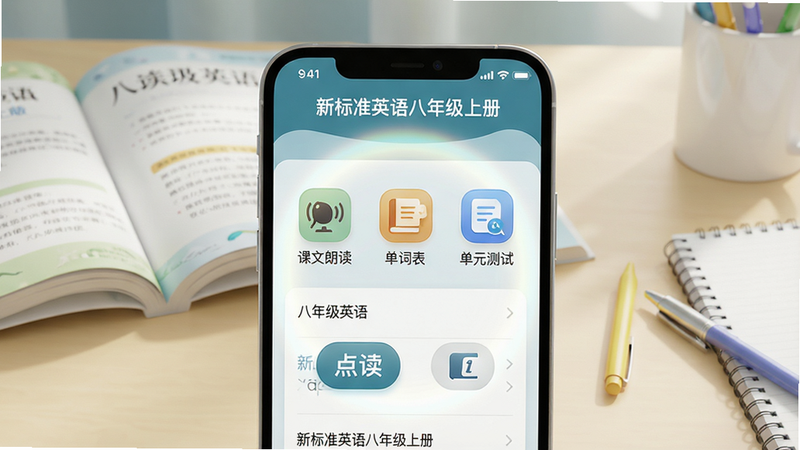 主体:一部智能手机屏幕显示“新标准英语八年级上册”App界面,界面中包含课文列表、点读按钮、翻译图标。布局:手机居中,背景为浅色学习场景,书桌上有教材和文具。排版:界面图标清晰,文字为“课文朗读”“单词表”“单元测试”。风格:写实3D渲染,教育类APP风格,明亮柔和光照。细节:手机屏幕反射出柔和光晕,图标圆润,文字“新标准英语八年级上册”居中显示。画质:4K超清,干净无多余元素。