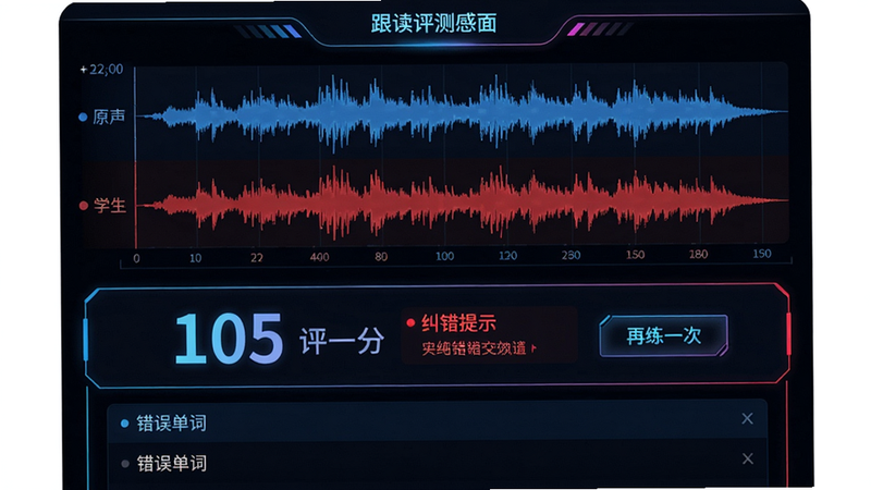 主体:跟读评测界面,上方波形图显示原声和学生录音,下方打分和纠错提示。布局:上下结构,波形图占上半部分,评分区域占下半部分。排版:波形图用蓝色和红色对比,分数用大号数字,纠错提示用红色小字。风格:科技感教育界面,暗黑背景,霓虹线条。细节:分数旁边有“再练一次”按钮,下方列表列出错误单词。画质:4K细腻,无多余元素。