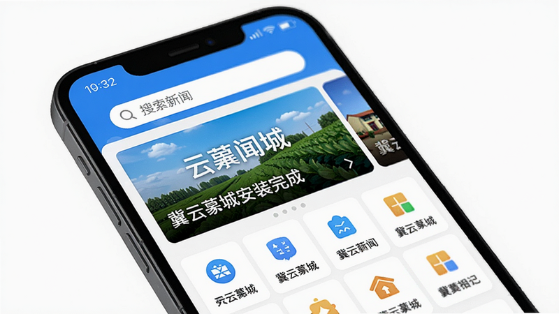 主体为手机屏幕显示冀云藁城安装完成后的主界面,布局从上到下依次是搜索栏、新闻轮播图、功能图标网格,风格清新,细节包括状态栏时间、网络图标等,画质高清,图片中需包含“冀云藁城”字样,干净无多余元素