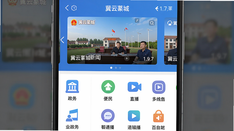 主体为冀云藁城APP界面截图,布局采用上下分区,上半部分展示头条新闻轮播图,下半部分网格排列功能图标如“政务”“便民”“直播”等,整体配色以蓝色和白色为主,风格简洁现代,细节清晰,画质高清,图片中需包含文字“冀云藁城”和“1.9.7”版本标识,干净无多余元素