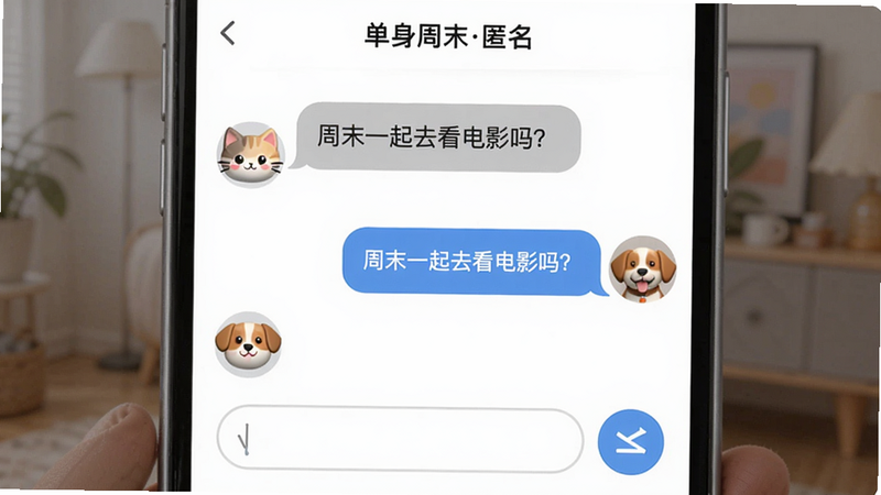 主体:匿名聊天界面,两个虚拟头像在对话;布局:居中手机界面;排版:气泡式对话,左灰右蓝,底部有输入框和发送按钮;风格:卡通风格,柔和色彩;细节:虚拟头像为可爱猫咪和狗狗,聊天内容显示“周末一起去看电影吗?”,顶部有“单身周末匿名”字样;画质:干净,简约