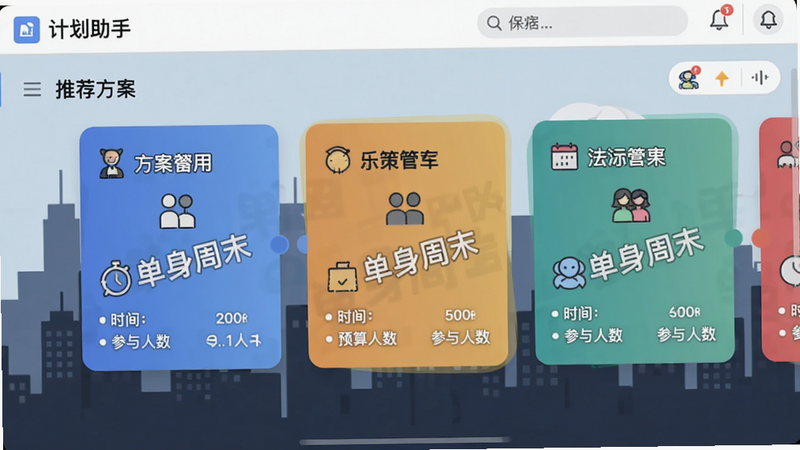 主体:计划助手界面,展示推荐方案;布局:居中全屏截图;排版:横向滑动卡片,每张卡片显示方案标题、时间、预算和参与人数;风格:信息图风格,图标化;细节:卡片上有“单身周末”水印,背景是城市剪影;画质:清晰,色彩协调