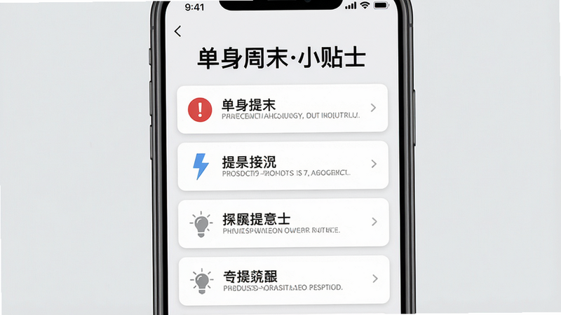 主体:一张手机截图展示单身周末的“实用小贴士”页面,列出多条提示;布局:居中截图,列表形式;排版:每条提示前有图标(红色叹号、蓝色闪电、灰色灯泡);风格:卡片式设计,白底黑字;细节:顶部有“单身周末小贴士”标题,背景为浅灰色;画质:干净,文字清晰