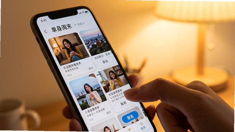 主体:手机屏幕上显示活动推荐页面,一个单身用户正在滑动浏览;布局:左侧手机侧拍,屏幕内容居中;排版:活动列表以瀑布流形式展现,每张图片下方有标签和报名按钮;风格:生活化场景,暖色调灯光;细节:屏幕中显示“单身周末”字样,用户手指滑动;画质:细腻,无明显噪点