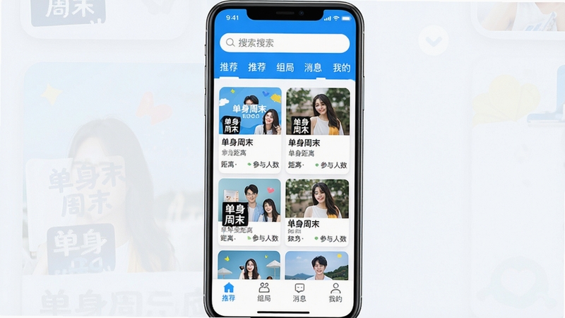 主体:单身周末APP主界面截图,展示活动推荐列表,顶部有搜索栏和分类标签;布局:居中构图,界面完整清晰;排版:卡片式排列,每个活动卡片包含图片、标题、距离、参与人数;风格:清新活泼,色彩明亮,以蓝色和白色为主调;细节:活动卡片上显示“单身周末”LOGO,底部导航栏包含“推荐”“组局”“消息”“我的”;画质:高清,干净无多余元素