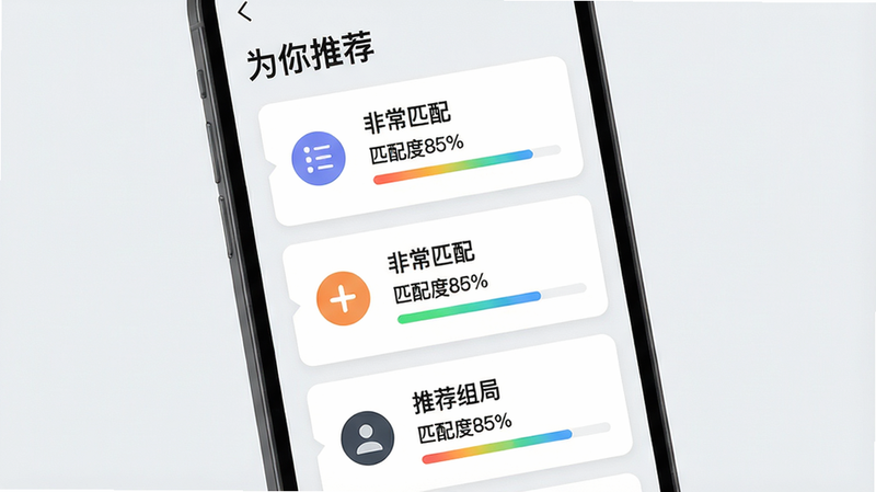 主体:手机屏幕显示匹配结果页面,列出三个推荐组局,每个卡片带有“非常匹配”“匹配度85%”标签。布局:列表式垂直排列,顶部有“为你推荐”标题。排版:卡片左图标右文字,间距适中。风格:清爽扁平,背景浅灰。细节:匹配度用彩色进度条显示。画质:超高分辨率,无多余元素。主体+布局+排版+风格+细节+画质