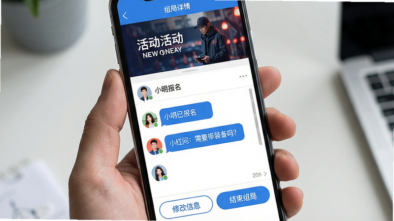 主体:手机屏幕显示组局详情页,上方有活动封面图,中间是动态留言区域显示“小明已报名”“小红问:需要带装备吗?”,底部有“修改信息”“结束组局”按钮。布局:从上到下信息流。排版:封面图占三分之一,留言区域可滚动。风格:社交化UI,蓝色调。细节:留言气泡带头像。画质:高清细腻。主体+布局+排版+风格+细节+画质