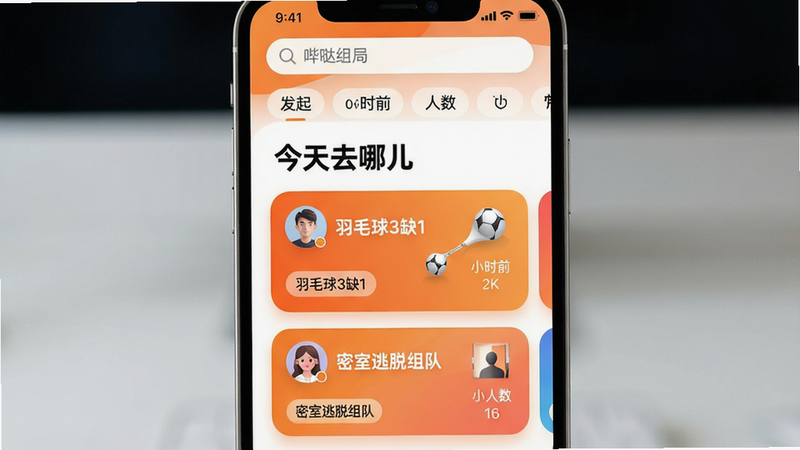 主体:手机屏幕展示哔哒组局应用首页,中央显示“今天去哪儿”标题,下方排列多个组局卡片(如“羽毛球3缺1”、“密室逃脱组队”)。布局:左右对称,卡片间距均匀,顶部搜索栏与分类标签。排版:卡片采用圆角矩形,配渐变背景色,文字清晰。风格:现代轻拟物,色彩明快(主色调橙色+白色)。细节:卡片上显示发起人头像、时间、人数标签。画质:4K超清,无多余元素。画质+干净+无多余元素