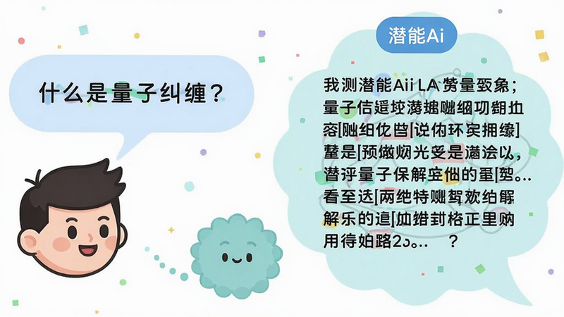 主体:两个人形卡通头像正在对话,左侧气泡写“什么是量子纠缠?”,右侧气泡显示潜能Ai的详细解释,布局:左右对称对话界面,排版:气泡由小变大,风格:扁平清新,细节:右侧气泡顶部有“潜能Ai”小标签,画质:干净明亮无杂乱背景