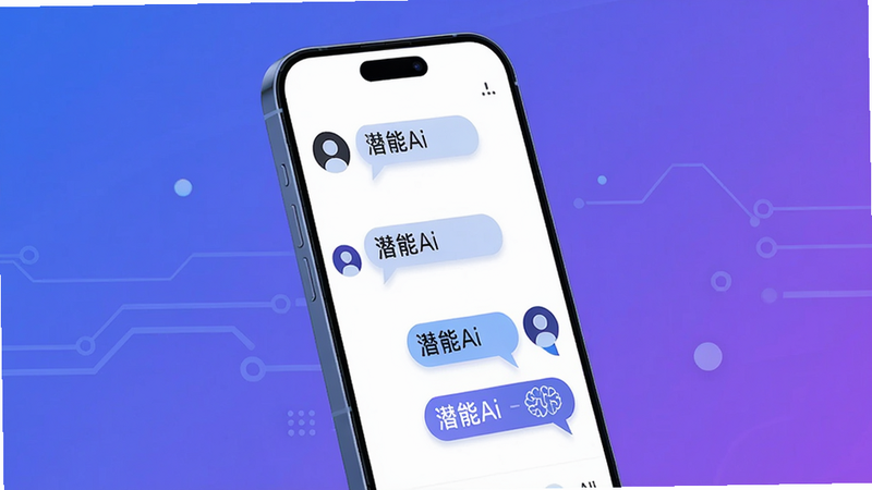 主体:一部智能手机屏幕显示潜能Ai对话界面,布局:手机居中,界面清晰展示用户提问和AI回复气泡,排版:手机略微倾斜,背景为渐变蓝紫色,风格:现代科技感、平面插画风格,细节:对话气泡中有“潜能Ai”字样,画质:高清、干净、无多余元素