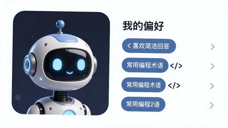 主体:一个拟人化的机器人头像旁边列出“我的偏好”列表,布局:左侧圆角卡片,右侧为详细标签,排版:卡片式布局,风格:简约商务风,细节:标签中包括“喜欢简洁回答”、“常用编程术语”,画质:干净、无杂乱元素