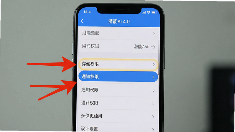 主体:手机屏幕显示潜能Ai设置界面,高亮“存储权限”、“通知权限”选项,布局:手机居中,设置列表清晰,排版:红色箭头标注注意事项,风格:教程截图风格,细节:界面顶部有“潜能Ai 4.0”字样,画质:干净、无多余元素