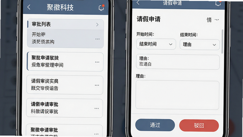 主体:手机屏幕展示聚徽科技的审批流程界面,表单字段清晰;布局:屏幕左侧显示审批列表,右侧展开一个“请假申请”详情页,包含开始时间、结束时间、理由等;排版:信息层级分明,重点字段加粗;风格:商务蓝灰配色,表单带圆角边框;细节:界面干净,底部有“通过”“驳回”按钮;画质:高清细腻,无多余元素
