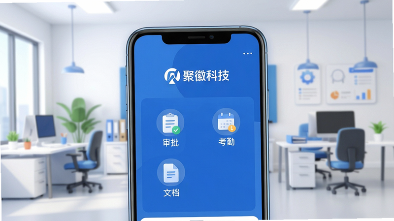 主体:一部手机屏幕显示聚徽科技主界面,背景为虚拟办公场景;布局:手机居中,上方有“聚徽科技”品牌Logo,界面包含“审批”、“考勤”、“文档”三个功能图标;排版:简洁扁平化,图标底部带汉字标注;风格:商务科技风,蓝色主色调,白色背景;细节:界面干净无多余元素,手机边缘有柔和光影;画质:超清质感,干净无多余元素