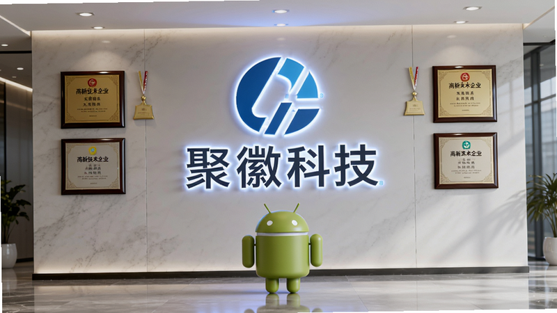 主体:公司前台背景,墙上挂着“聚徽科技”Logo,地上放着安卓机器人模型;布局:Logo居中,两侧有企业荣誉奖牌;排版:对称式构图,干净明亮;风格:商务写实,略带科技感;细节:Logo发光,奖牌上有文字“高新技术企业”;画质:4K高清,无多余元素