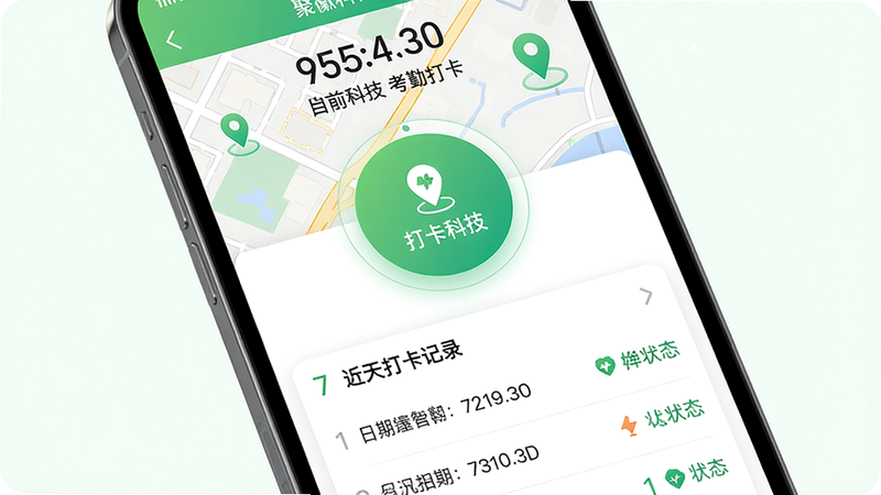 主体:手机屏幕显示聚徽科技考勤打卡页面,地图定位与打卡按钮;布局:上方显示当前时间与地理位置,中间为圆形打卡按钮,下方为近7天打卡记录列表;排版:按钮醒目,颜色渐变;风格:清新绿色调,强调健康考勤;细节:定位图标精确,列表每行包含日期、打卡时间、状态;画质:干净简洁,无多余元素