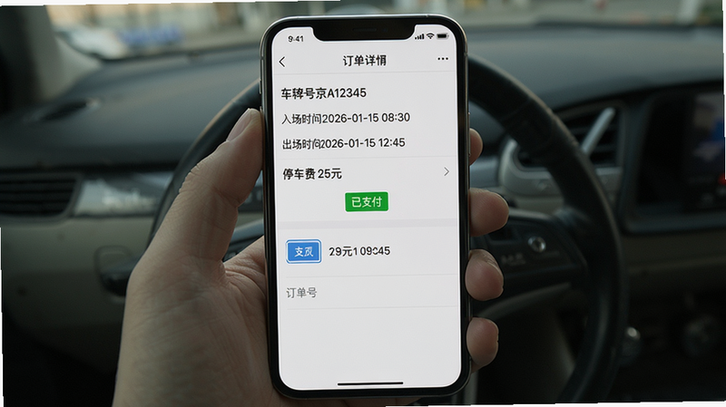 手机屏幕截图显示订单详情页面,车牌号京A12345、入场时间2026-01-15 08:30、出场时间2026-01-15 12:45、停车费25元,下方有“已支付”绿色标签。布局居中,排版规范,风格UI写实,细节包含支付方式图标与订单号,画质清晰无噪点。