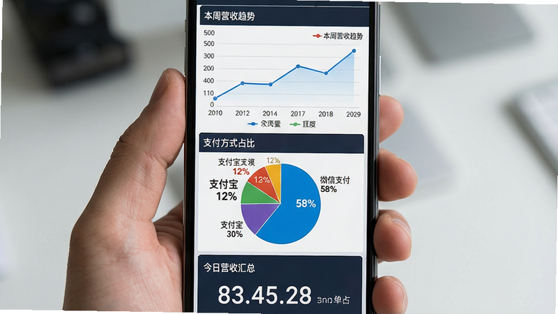 手机竖屏展示数据报表界面,顶部为本周营收趋势折线图,中间为支付方式占比饼图(微信支付58%、支付宝30%、现金12%),底部为今日营收汇总数字。布局自上而下,排版紧凑,风格商务数据可视化,细节包含图例与单位,画质清晰无广告。