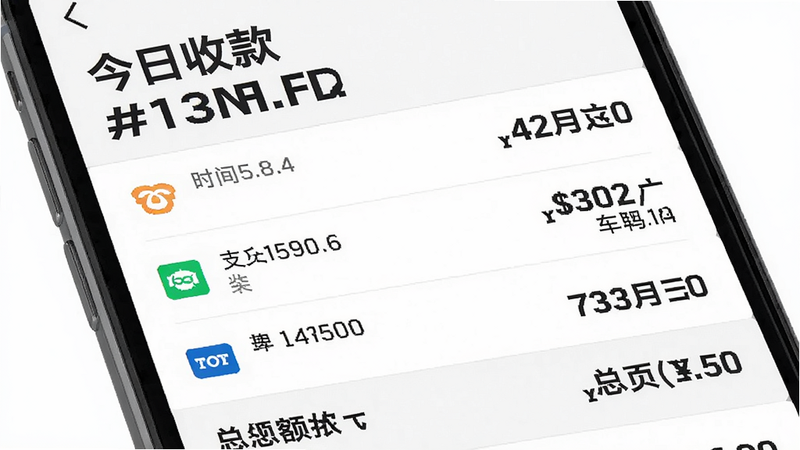 手机界面显示收款记录列表,每项包含时间、金额、支付渠道、车牌,最后一行总额汇总。顶部有“今日收款”大字与金额。布局列表式,排版整齐,风格简洁商务,细节包含支付渠道小图标,画质干净。