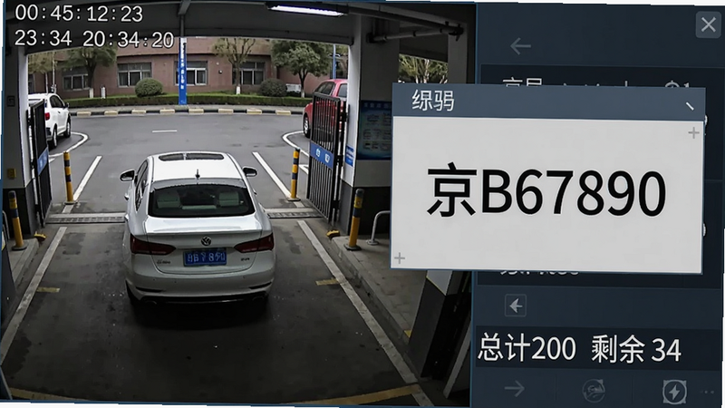 监控画面风格的截图,左侧摄像头实时视频流显示一辆白色轿车正在入场,右侧叠加信息框显示车牌识别结果“京B67890”,底部有余位计数“总计200 剩余34”。布局左右分屏,排版信息层级清晰,风格偏安防监控UI,细节包含时间水印,画质高清。