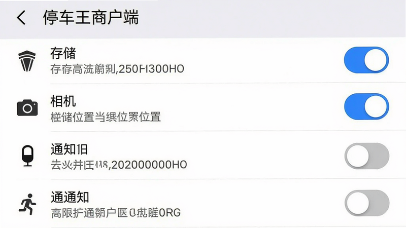 手机设置界面截图,显示“停车王商户端”应用权限列表,包括存储、相机、位置、通知等开关,其中相机和存储已开启(蓝色高亮),位置为灰色关闭状态。布局为系统设置风格,排版列表清晰,细节包含开关样式和权限说明文字,画质高清无杂物。