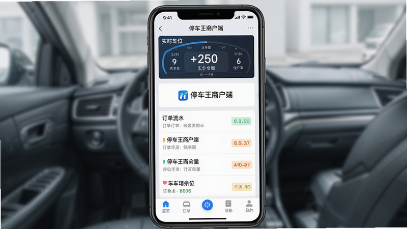 主体:停车王商户端app界面展示,布局:手机屏幕居中,显示车场概览页面,上方有实时车位数据仪表盘,中部为订单流水列表,底部功能导航栏清晰。排版:简洁商务风格,白色背景搭配蓝色主题色,信息层级分明。风格:扁平化UI设计,现代感强。细节:屏幕中显示“停车王商户端”logo,车位余量数字突出,订单状态用不同颜色标识。画质:高清,干净,无多余元素