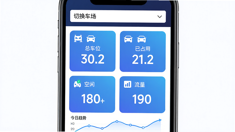 主体:停车王商户端智能车场看板界面,布局:手机竖屏,顶部为切换车场下拉菜单,下方为四个数据卡片(总车位、已占用、空闲、流量),卡片用蓝色渐变背景,数字用大号白色字体。排版:卡片式布局,间距均匀。风格:数据可视化,信息一目了然。细节:每个卡片有对应图标(停车位、车辆等),底部有今日趋势折线图。画质:清晰,无多余元素
