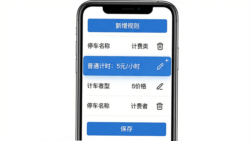 主体:停车王商户端计费规则设置界面,布局:手机界面展示计费模板列表,顶部有“新增规则”按钮,列表中每条规则显示名称、计费类型、价格。排版:列表式布局,每行右侧有编辑和删除图标。风格:简约商务,蓝白配色。细节:一条已选中的规则高亮显示,示例“普通计时:5元/小时”,下方有“保存”按钮。画质:干净,无多余元素