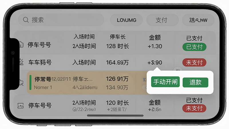 主体:停车王商户端订单管理界面,布局:手机屏幕显示订单列表,每行包含车牌号、入场时间、停车时长、金额、支付状态(已支付/未支付)。顶部有搜索框和筛选条件按钮。排版:列表清晰,状态用彩色标签(绿色已支付,红色未支付)。风格:数据管理风格,信息密集但有序。细节:一条异常订单弹出操作菜单,有“手动开闸”“退款”按钮。画质:高清,干净