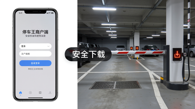 主体:停车王商户端安装和使用场景,布局:左侧手机显示app登录界面,右侧放一个停车场道闸背景,整体分屏布局。排版:左右对称,中间用“安全下载”字样连接。风格:实拍与UI结合,真实感强。细节:手机屏幕上显示登录按钮,背景停车场有清晰车位线。画质:高清,干净,无多余元素