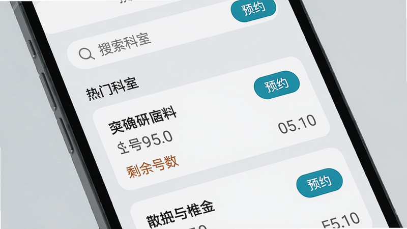 手机屏幕上显示医院科室列表,顶部搜索栏,下方按热门科室排列卡片,每个卡片有科室名称、挂号费用和剩余号数,右上角有“预约”按钮,背景为浅灰色,风格简约医疗风,画质高清
