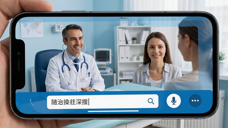 手机屏幕显示视频问诊界面,医生佩戴听诊器坐在诊室中,患者端展示清晰视频窗口,下方有文字输入框和语音按钮,界面以医疗蓝为主色调,布局简洁,画质细腻,无多余元素