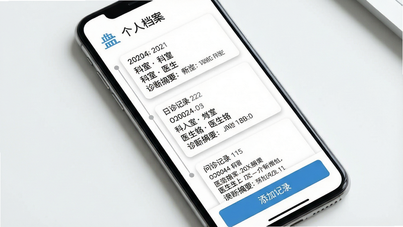 手机屏幕展示健康档案页面,顶部有“个人档案”标题,下方按时间顺序列出问诊记录卡片,每个卡片包含日期、科室、医生姓名和诊断摘要,底部有“添加记录”按钮,整体以白色为主,信息卡片带有浅灰色阴影,画质干净清晰