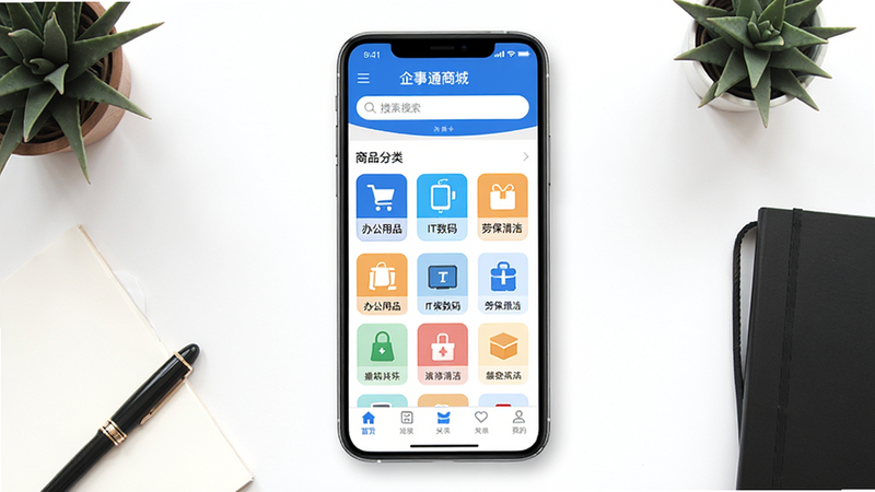 主体:企事通商城App主界面展示,背景为干净白底,中央放置一部手机模型,屏幕显示“企事通商城”首页,布局包含顶部搜索栏、中部商品分类图标(办公用品、IT数码、劳保清洁等)、底部导航栏,手机左右两侧有少量商务风格装饰元素,整体风格简洁现代,画质高清,干净无多余元素。