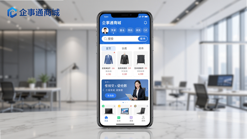 չʾ����ͨ�̳�APP����ȫ�����ֻ���Ļ����ʾ��ҳ��Ʒ���ࡢ������������ֲ�ͼ������Ϊ��Լ�����񣬲������������Ͻ��С�����ͨ�̳ǡ�LOGO������ɫ������ɫ�Ͱ�ɫΪ�������ʸ��壬�ɾ��޶���Ԫ�ء�