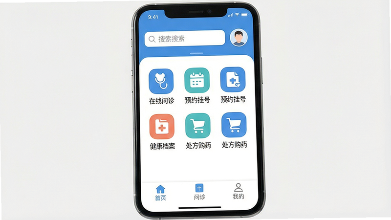 一张智能手机屏幕截图,主体为“亿家诊室”APP主界面,布局:顶部搜索栏和用户头像,中部功能图标网格(在线问诊、预约挂号、健康档案、处方购药等),底部导航栏(首页、问诊、我的),风格:扁平化设计,蓝白配色,细节:图标圆润,文字清晰,画质:高清,干净无多余元素,整体呈现医疗健康类应用的温馨专业感。