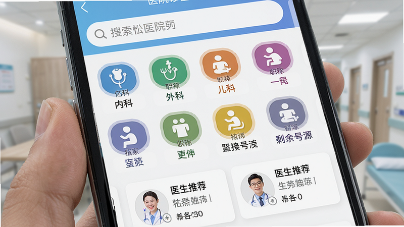 手机屏幕显示亿家诊室预约挂号界面,主体:医院科室列表,布局:顶部搜索框,中部各科室图标(内科、外科、儿科等),底部医生推荐卡片,风格:简洁卡片式设计,细节:图标带颜色区分,卡片显示医生姓名、职称、剩余号源,画质清晰。