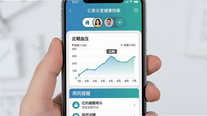 手机屏幕显示亿家诊室健康档案页面,主体:用户健康数据概览,布局:顶部是家庭成员切换,中部是近期血压、血糖折线图,底部是用药提醒列表,风格:数据可视化,蓝绿色系,细节:图表清晰,数据标注,画质干净。