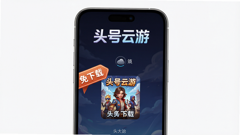 头号云游的免下载功能演示图,主体为手机屏幕显示游戏正在加载中,顶部有‘头号云游’品牌字样,布局居中,排版干净,风格写实,细节有‘免下载’文字标签和游戏封面,画质高清,无多余元素。