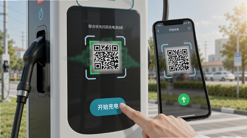 联合快充扫码充电演示图,手机界面显示扫描二维码的动画,背景是充电桩,用户手指点击“开始充电”按钮,画面简洁,光线明亮,画质高清