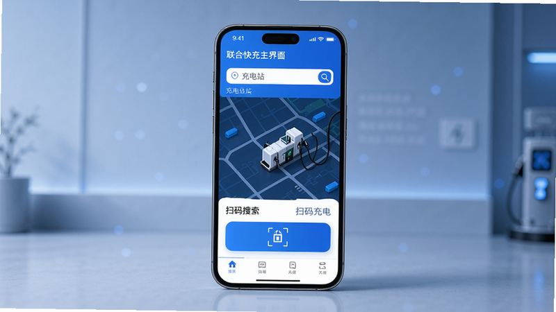 联合快充主界面预览图,展示充电站地图搜索与扫码充电功能,界面简洁清晰,蓝色调为主,手机屏幕居中,背景干净,画质高清,整体风格现代科技感,无多余元素