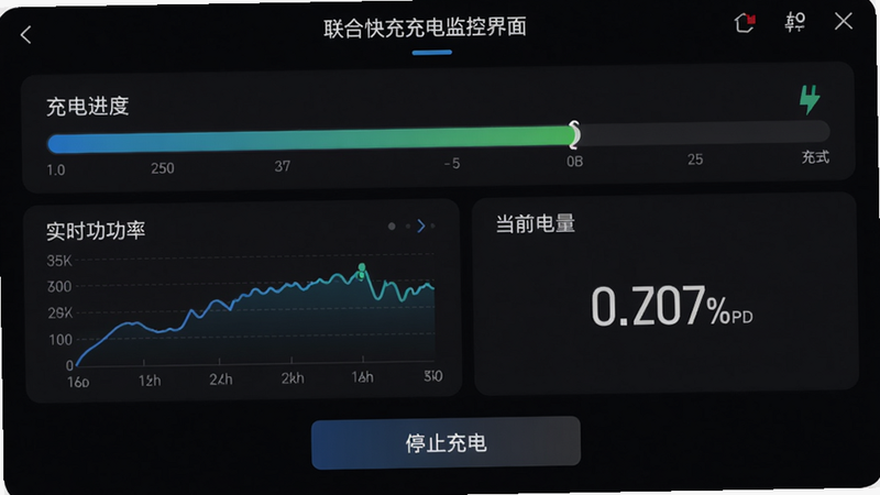 联合快充充电监控界面,显示充电进度条、实时功率曲线、当前电量百分比,底部有“停止充电”按钮,界面以深色背景突出数据,排版整齐,画质细腻