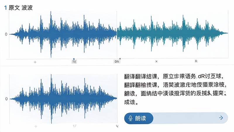 主体:翻译界面展示,上半部分为源语言波形,下半部分显示翻译结果,布局:左右分屏对比,左边原文右边译文,风格:商务白底风格,细节:翻译结果下方有“朗读”按钮,画质:高清,干净。