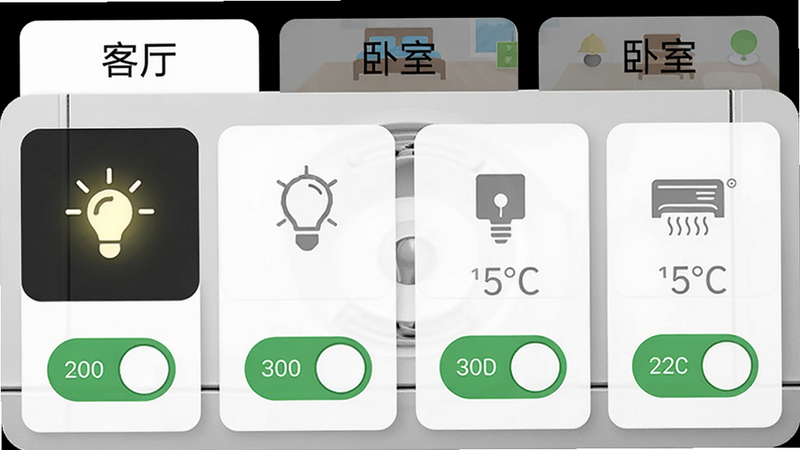 主体:智能家居控制面板截图,布局:上方显示“客厅”“卧室”等房间标签,下方每个设备均有图标和开关状态,风格:简洁卡片式设计,细节:灯光图标变亮表示开启,空调显示当前温度,画质:清晰,无多余元素。
