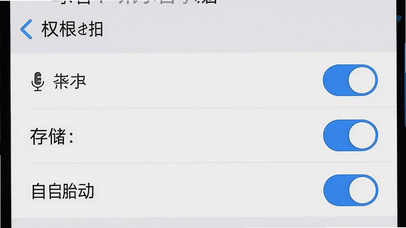 主体:手机设置界面截图,显示“讯小智”应用权限列表,布局:从上到下依次是麦克风、存储、自启动三项开关,风格:系统设置原生界面,细节:麦克风和存储开关已打开(蓝色高亮),自启动开关也处于开启状态,画质:清晰,无多余元素。