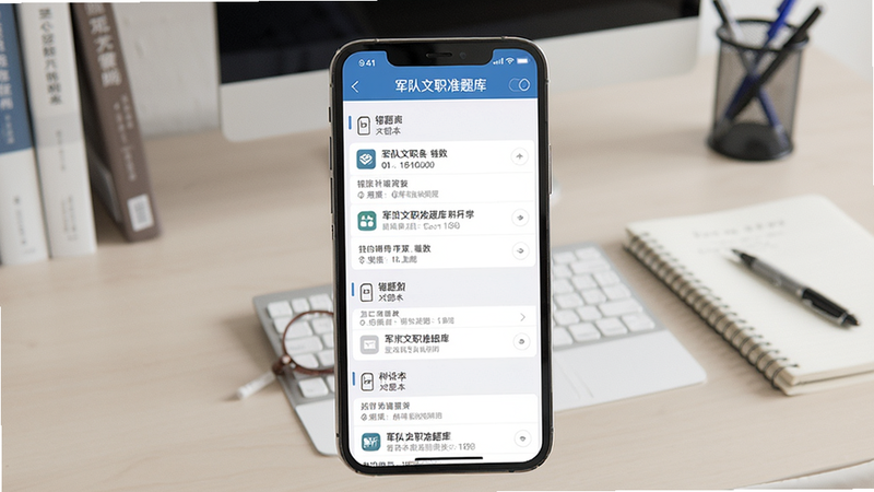 手机屏幕上显示“军队文职准题库”的错题本界面,界面按科目分组,每组有错题数量,点击后显示错题详情和解析,背景为书桌,干净整洁,画质高