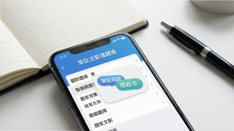 一张智能手机屏幕的特写,屏幕上显示“军队文职准题库”APP主界面,界面包含题库列表、智能刷题按钮、错题本图标,背景为写字台,有笔记本和笔,写实风格,高清画质,干净整洁无多余元素