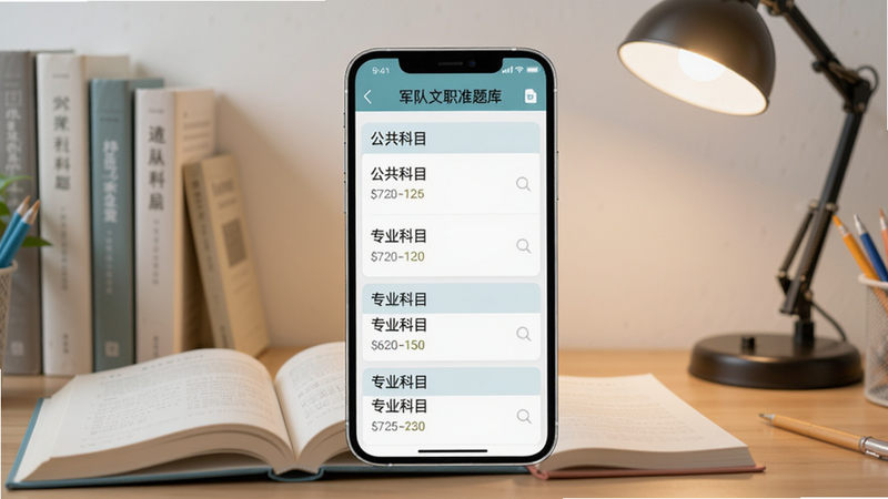 手机屏幕上显示“军队文职准题库”的题库列表页面,列表中有公共科目、专业科目分类,每类下方有题目数量,背景为学习场景,书籍和台灯,风格清新,画质清晰,干净